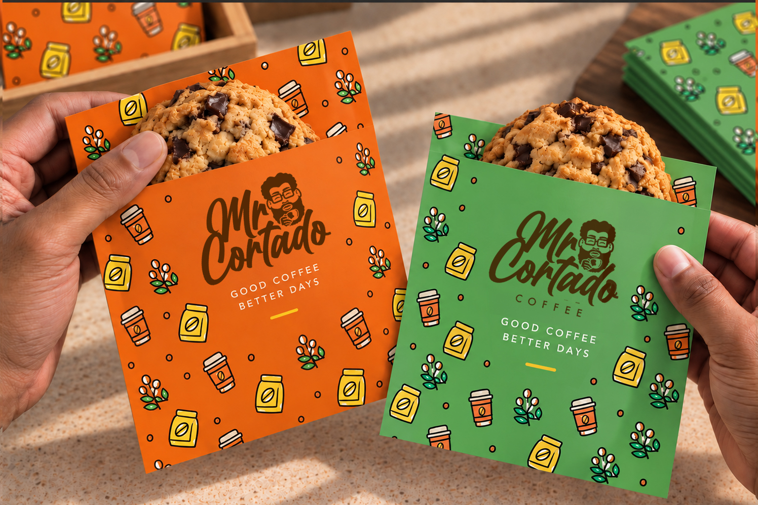 Mr. Cortado cookies in orange and green branded paper sleeves
