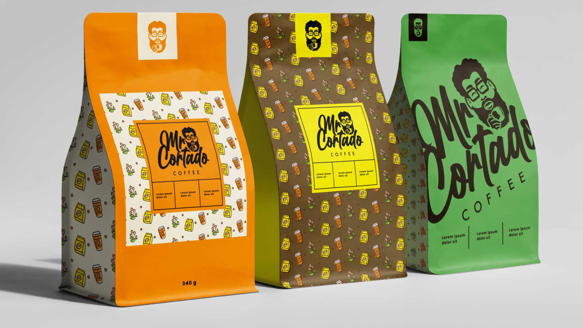 Mr. Cortado coffee packaging in orange, brown, and green