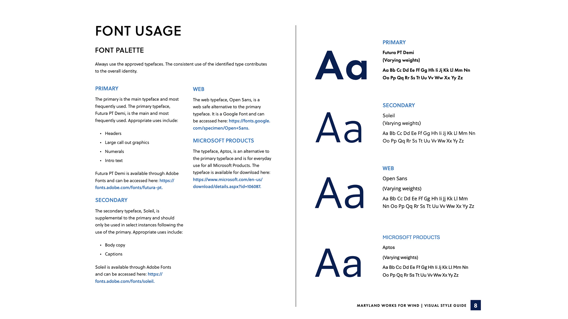 Maryland Works for Wind font and typography guidelines