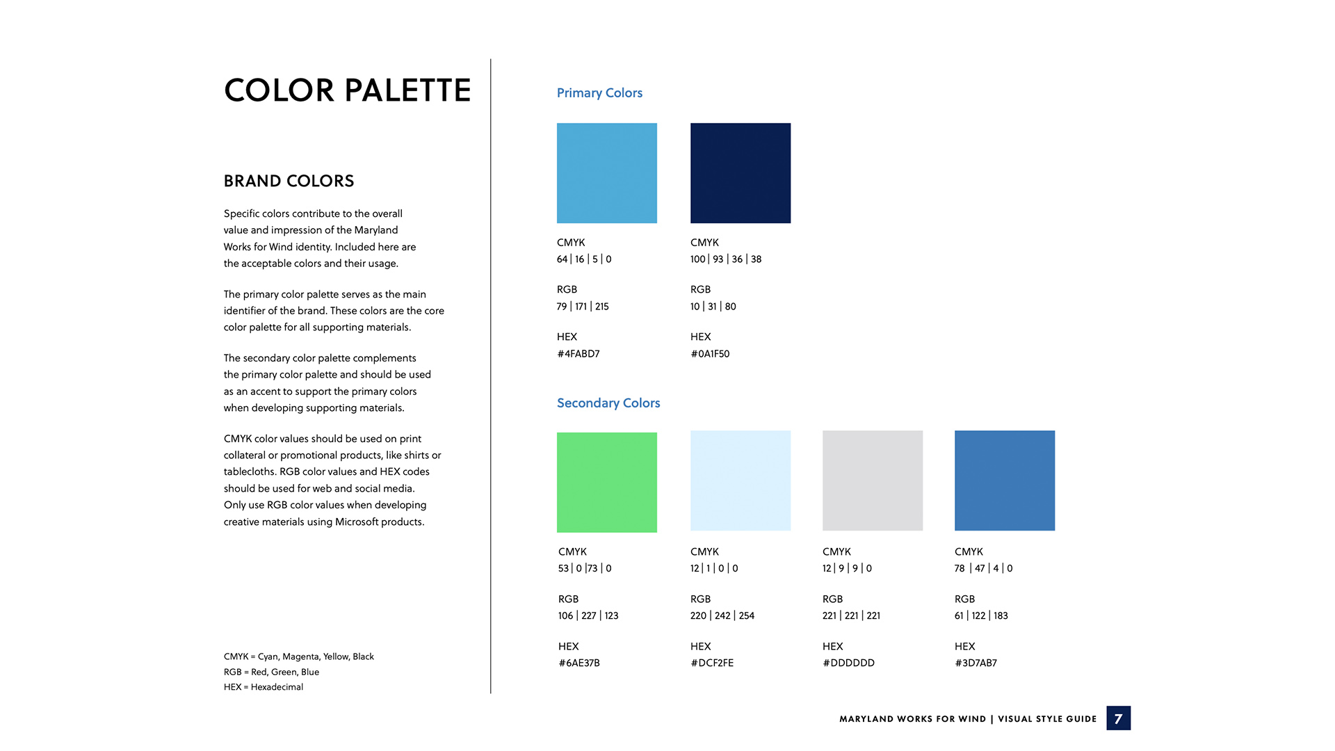 Maryland Works for Wind primary and secondary color palettes