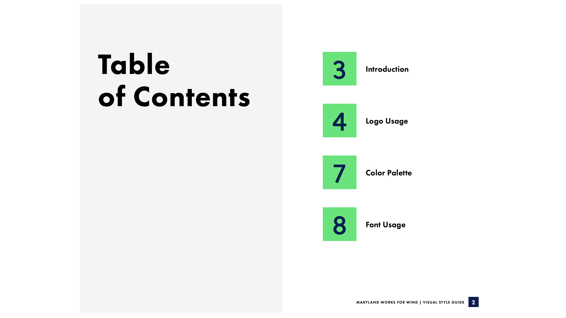 Maryland Works for Wind style guide table of contents