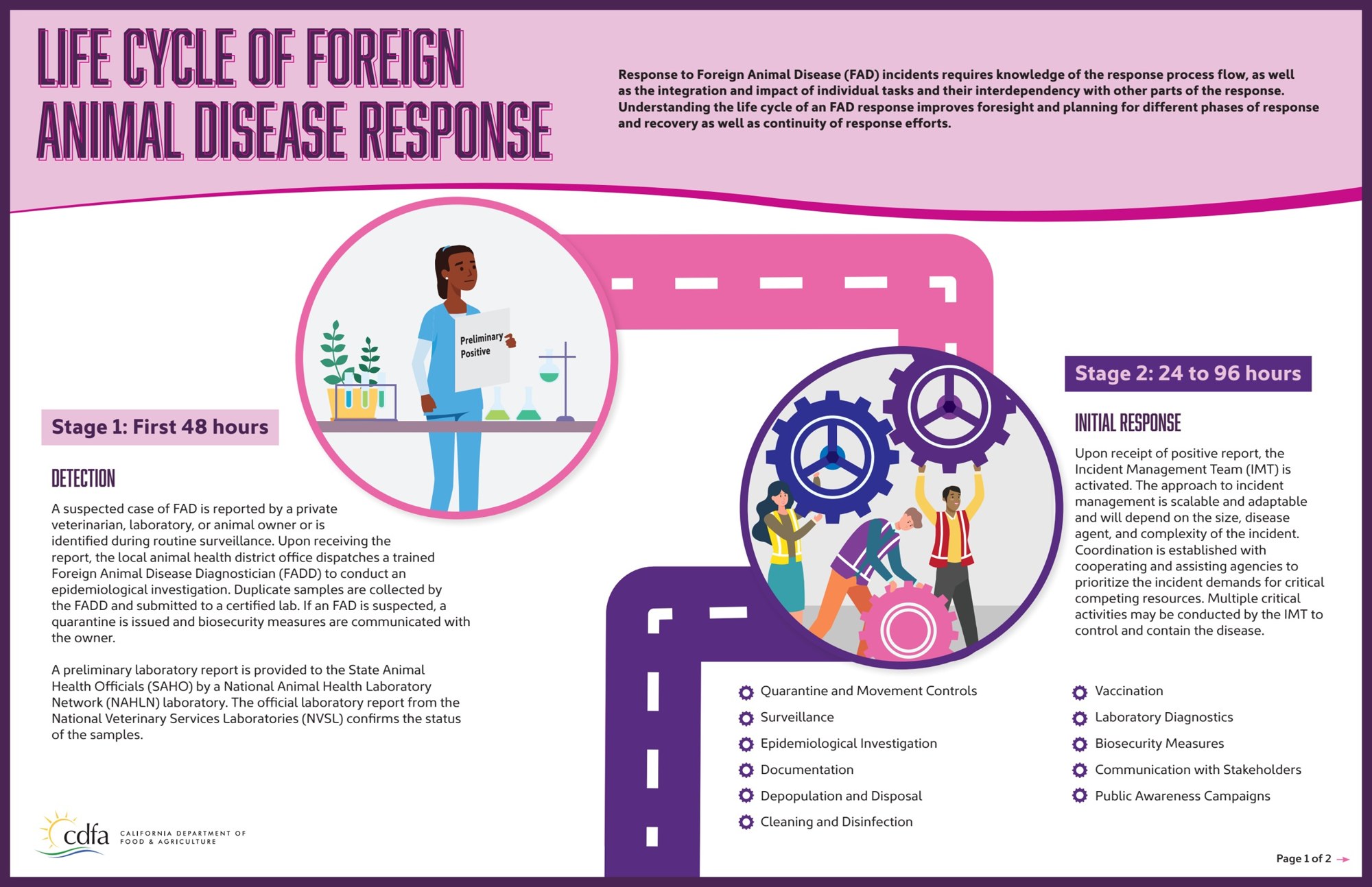 Life Cycle of Foreign Animal Disease Response infographic presented as a clean printed poster